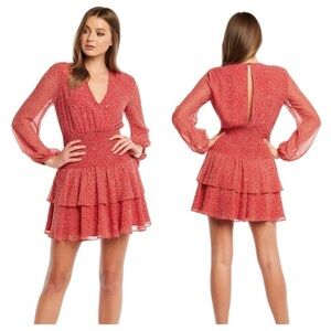 Bardot Ditsy Floral Mini Dress 10 red long sleeve‎ smocked tiered ruffle v neck